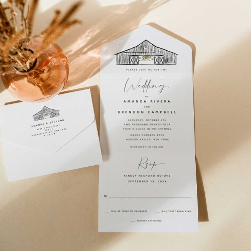 Elegant Black and White Barn Wedding All In One Invitation