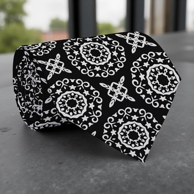 Elegant Black and White Baroque Mandala Pattern Neck Tie (Creator Uploaded)