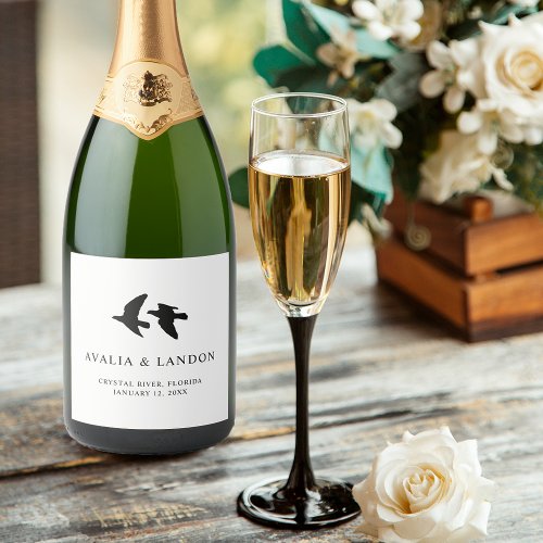 Elegant Black and White Birds of a Feather Wedding Sparkling Wine Label