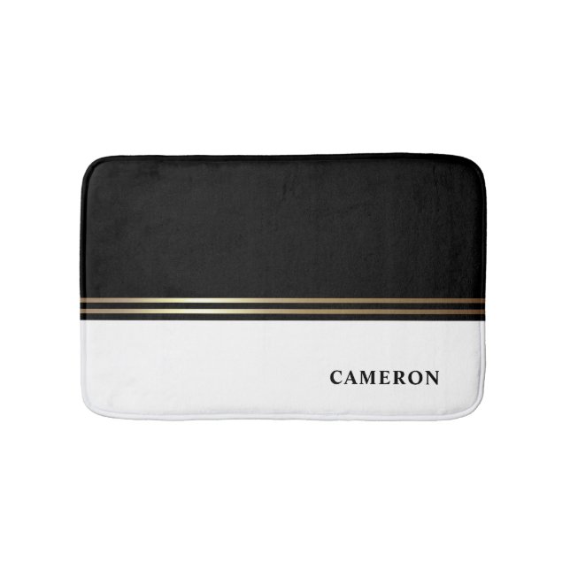 Elegant Black and White Block Foil Personalized  Bath Mat (Front)