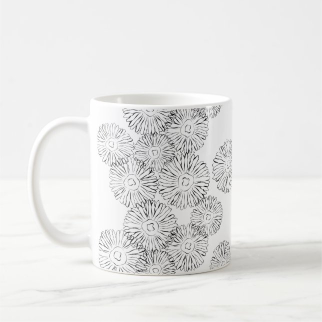 Elegant Black and White Boho Chic Daisy Pattern  Coffee Mug (Left)