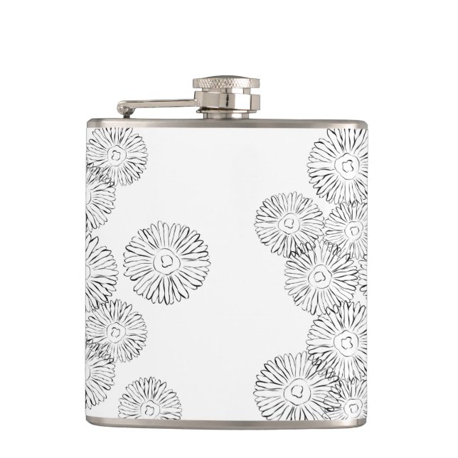 Elegant Black and White Boho Chic Daisy Pattern  Hip Flask (Front)