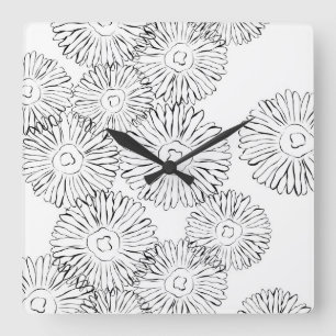 Elegant Black and White Boho Chic Daisy Pattern Square Wall Clock