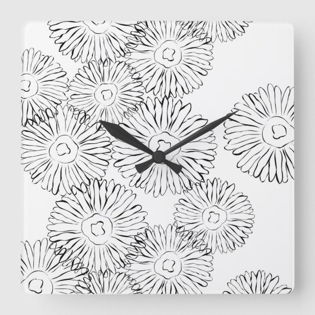Elegant Black and White Boho Chic Daisy Pattern  Square Wall Clock (Front)