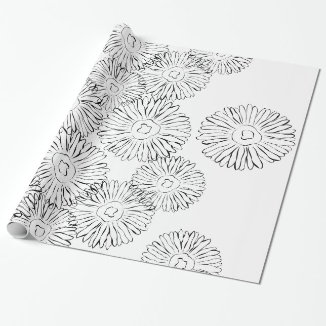 Elegant Black and White Boho Chic Daisy Pattern  Wrapping Paper (Unrolled)