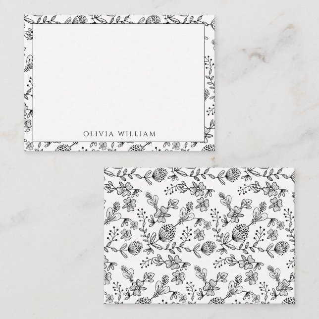 Elegant Black And White Boho Floral Border Name Note Card (Front/Back)