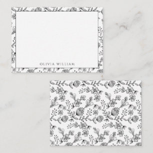 Elegant Black And White Boho Floral Border Name Note Card