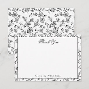 Elegant Black And White Boho Floral Thank You Note Card