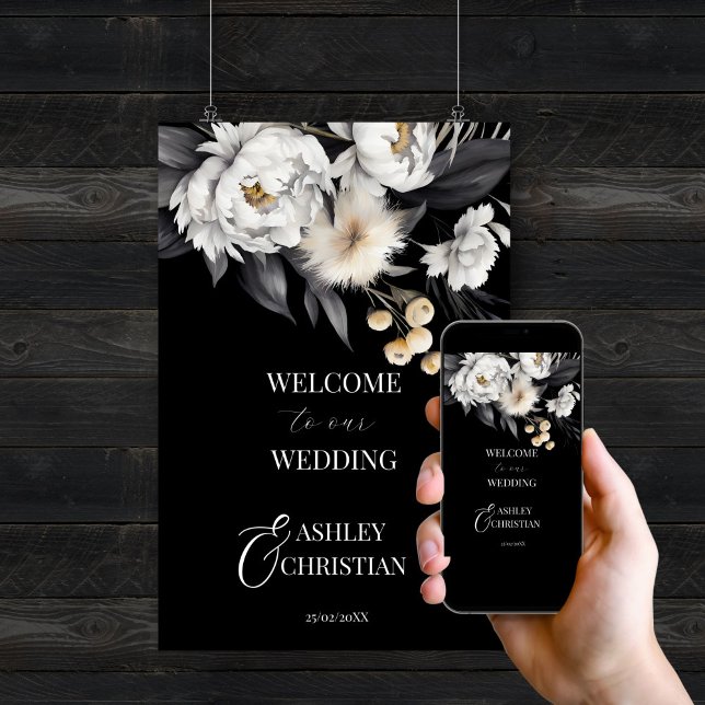 Elegant Black and white boho wedding welcome sign (Elegant Black and white boho wedding welcome sign editable template poster digital download)