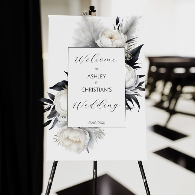 Elegant Black and white boho wedding welcome sign (Elegant Black and white boho wedding welcome sign board personalized entrance wedding decor)