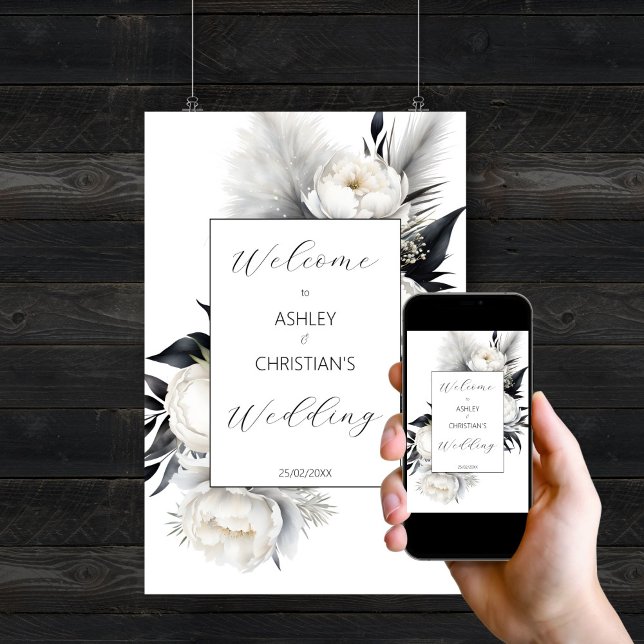 Elegant Black and white boho wedding welcome sign (Elegant Black and white peonies boho editable template wedding welcome sign poster digital download)