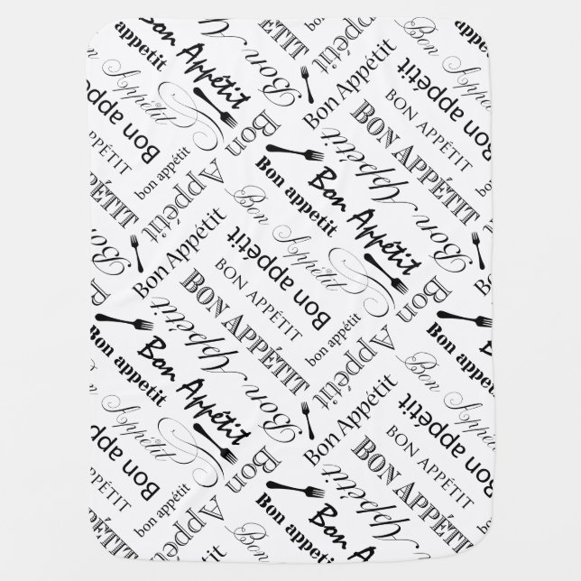 Elegant Black and White Bon Appetit French Chef Swaddle Blanket (Front)