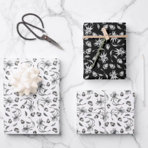 Elegant Black and White Botanical Gift Wrapping Paper Sheets