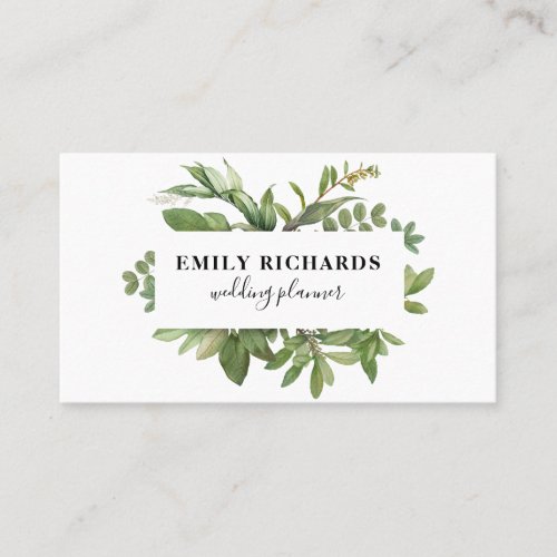 Elegant black and white botanical leaves script business card