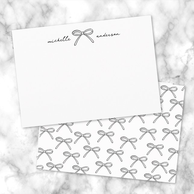 Elegant Black And White Bow Personalized Note Card (Personalized Minimalist Bow Name Note Card)