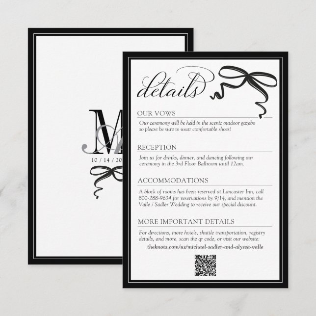 Elegant Black and White Bow Simple Wedding Details Enclosure Card (Front/Back)