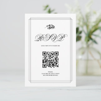 Elegant black and white branch and QR code wedding RSVP Card