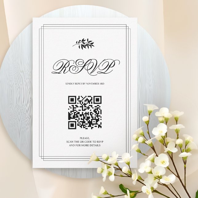 Elegant black and white branch and QR code wedding RSVP Card (Creator Uploaded)