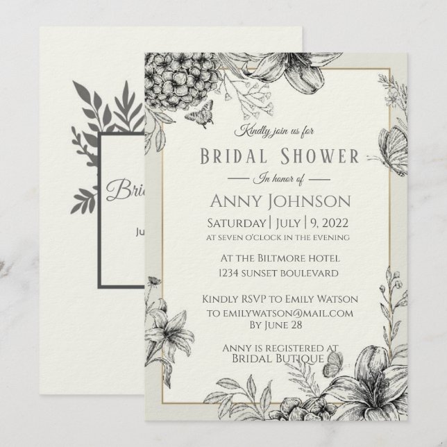 Elegant Black and white Bridal Shower Invitation (Front/Back)