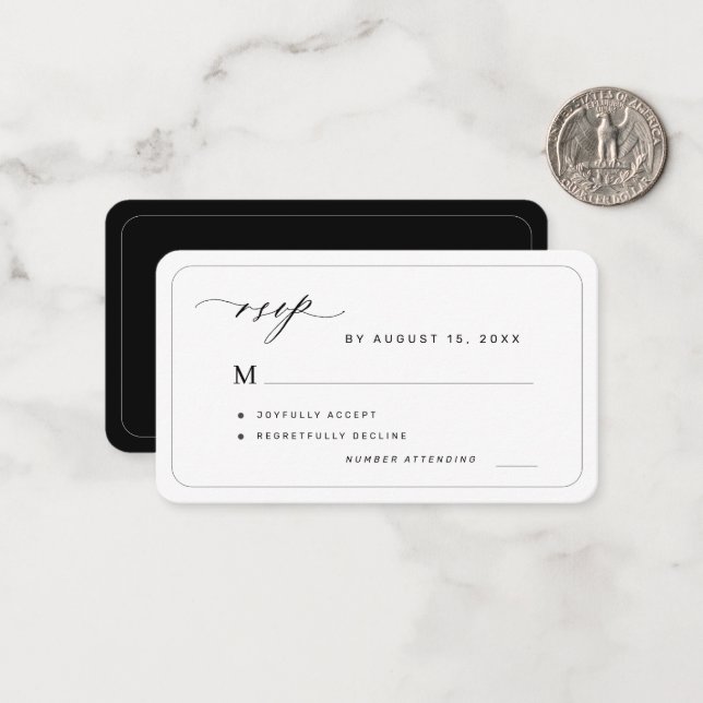 Elegant black and white budget wedding RSVP Note Card (Front/Back In Situ)