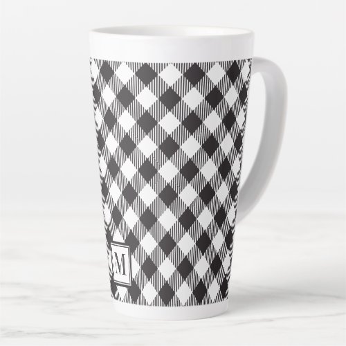 Elegant Black and White Buffalo Plaid Monogram Latte Mug