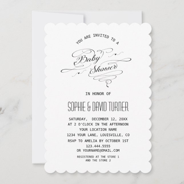 Elegant Black and White Calligraphy Baby Shower Invitation (Front)