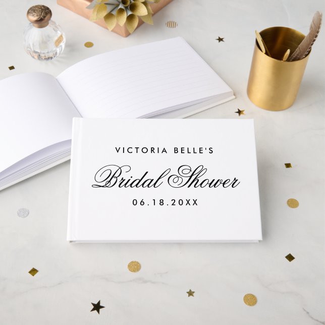 Elegant Black and White Calligraphy Bridal Shower Guest Book (Front Open)