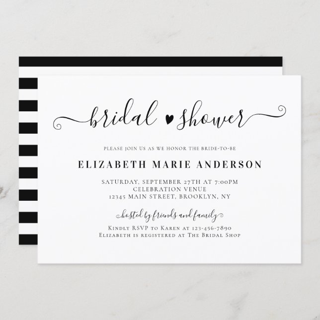 Elegant Black and White Calligraphy Bridal Shower Invitation (Front/Back)