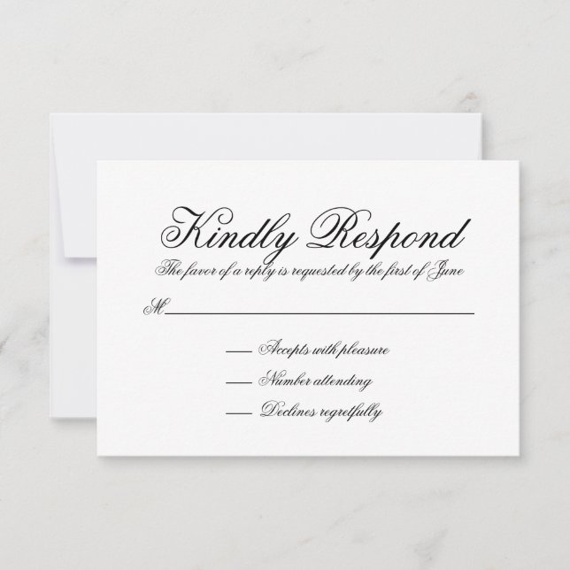 Elegant Black and White Calligraphy Formal Wedding RSVP Card (Front)