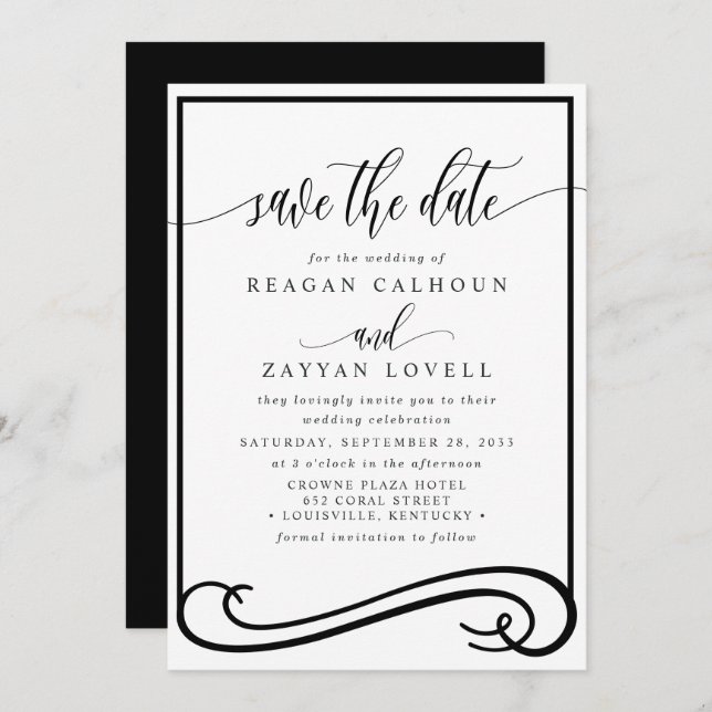 Elegant Black and White Calligraphy Save the Date (Front/Back)