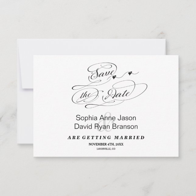 Elegant Black and White Calligraphy Save The Date (Front)