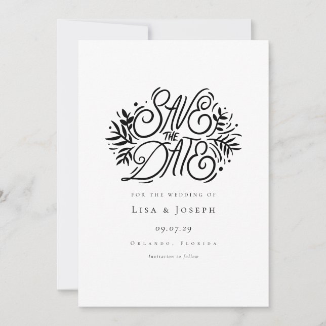 Elegant Black and White Calligraphy Save the Date Invitation (Front)