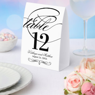 Elegant Black and White Calligraphy Script Wedding Paper Table Tent