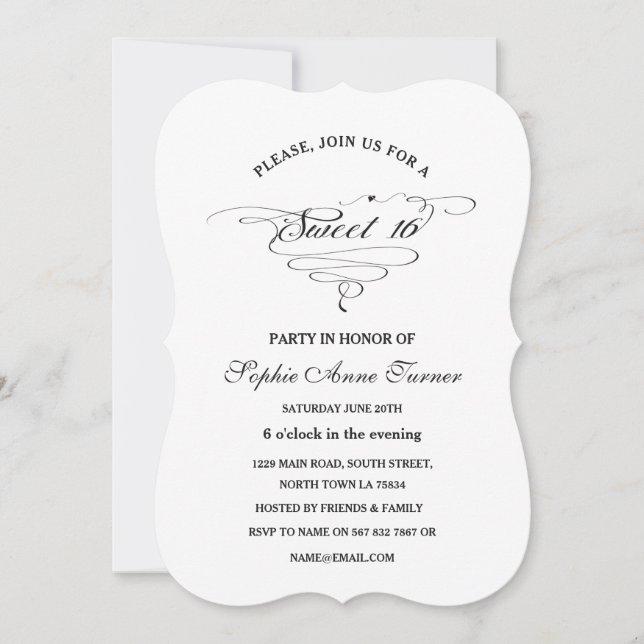 Elegant Black and White Calligraphy SWEET 16 Invitation (Front)