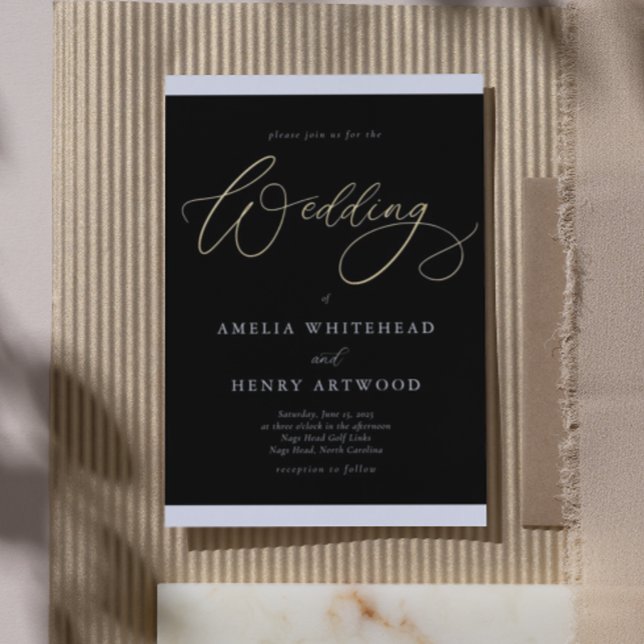 Elegant Black and White Calligraphy Wedding Gold Foil Invitation (Creator Uploaded)