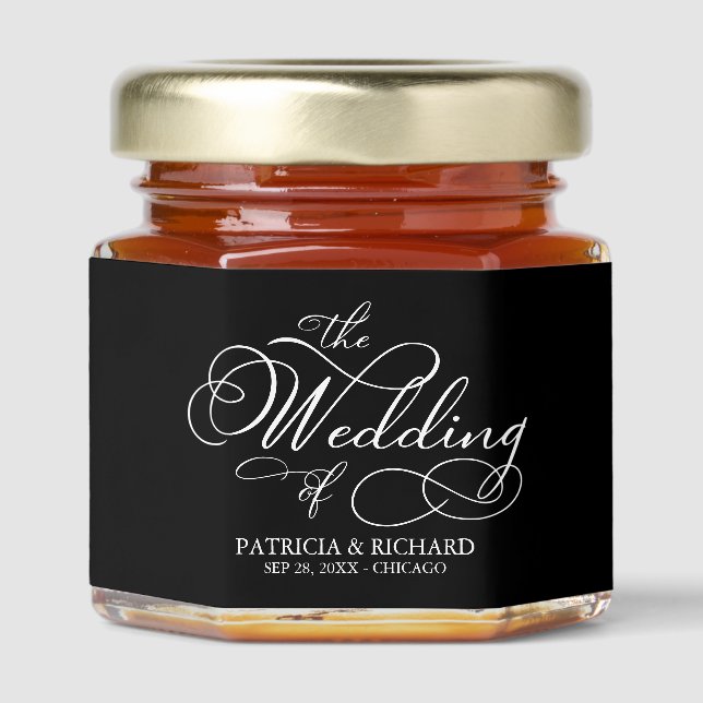 Elegant Black And White Calligraphy Wedding Honey Jar Favors (Front)