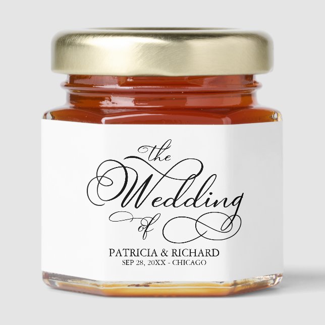 Elegant Black And White Calligraphy Wedding Honey Jar Favors (Front)