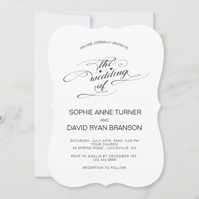 Elegant Black and White Calligraphy  Wedding Invitation (Front)