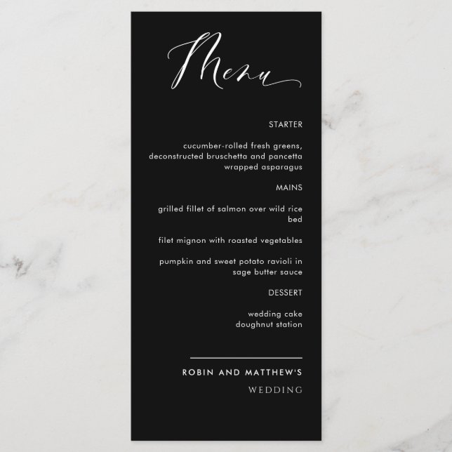 Elegant Black and White Calligraphy Wedding Menu (Front)