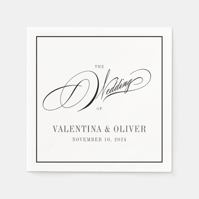 Elegant Black and White Calligraphy Wedding Napkins (Front)