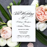 Elegant Black and White Calligraphy Wedding Progra<br><div class="desc">Bold black calligraphy spells out "The Wedding Of" in sweeping ornate script across this elegant ceremony program on a crisp white background. Decorative scroll flourishes in matching black add formal polish to the timeless design. Inside pages are fully customizable for your bridal party, ceremony order, and a personal thank you...</div>