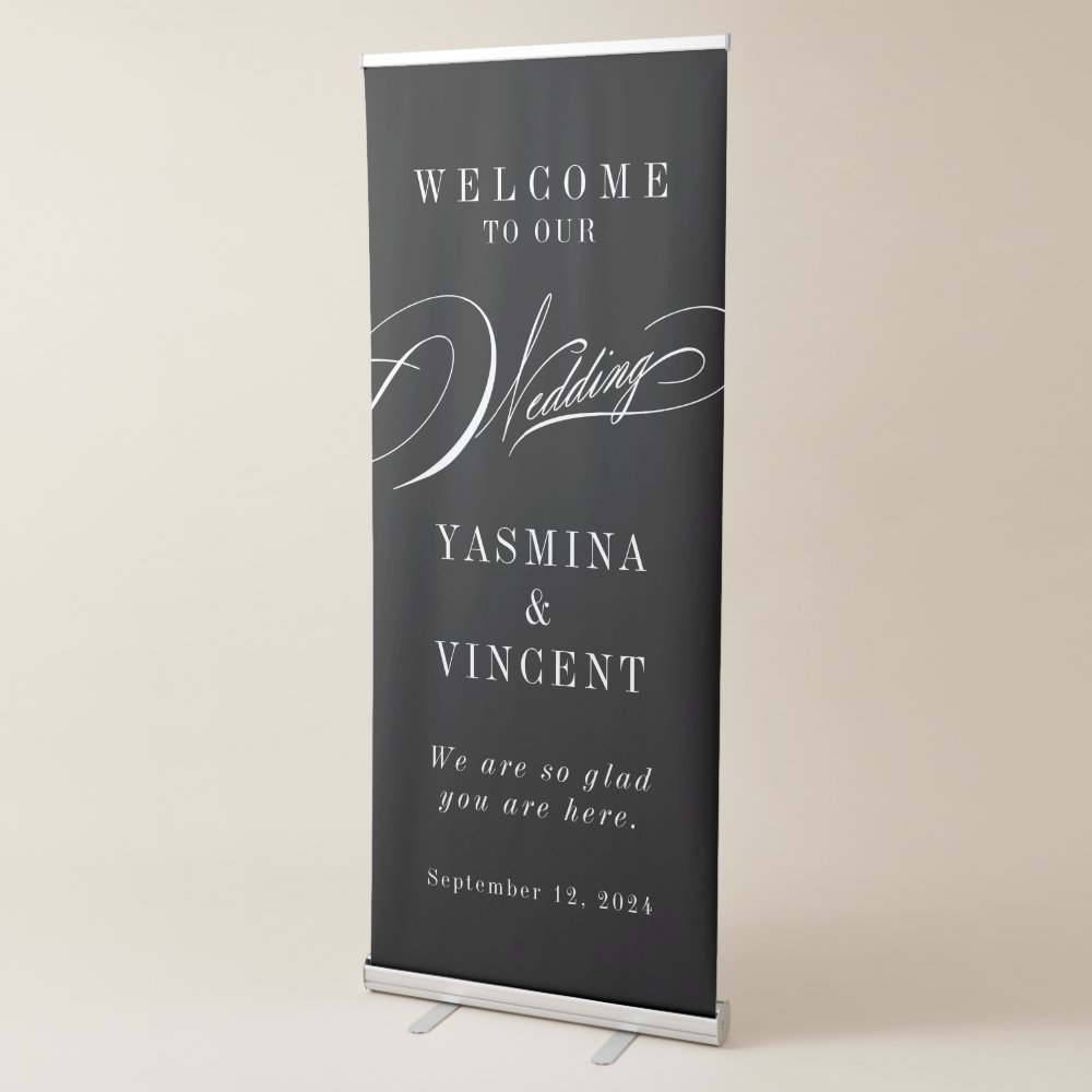Disover Elegant Black and White Calligraphy Wedding Retractable Banner