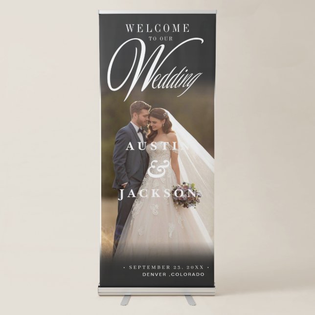 Elegant Black and White Calligraphy Wedding Retractable Banner (Front)
