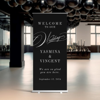 Elegant Black And White Calligraphy Wedding Retractable Banner by EverAfterDesignCo at Zazzle
