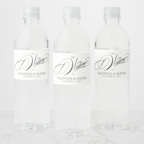 Elegant Black and White Calligraphy Wedding Water Bottle Label