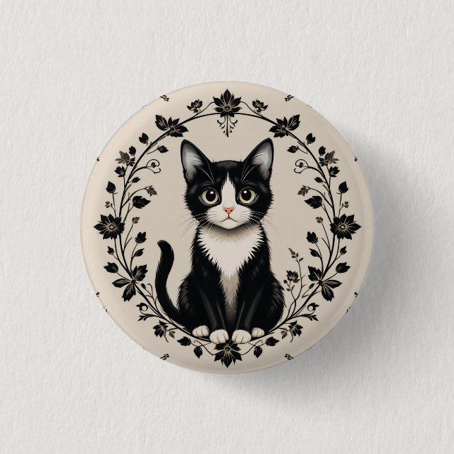 Elegant Black and White Cat Button (Front)