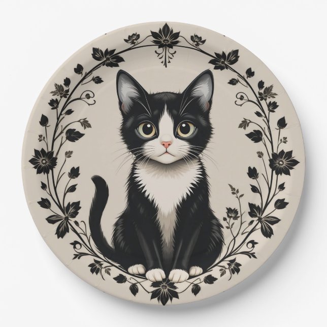 Elegant Black and White Cat Paper Plates (Front)