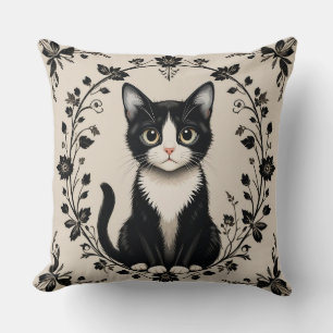 Elegant Black and White Cat Throw Pillow