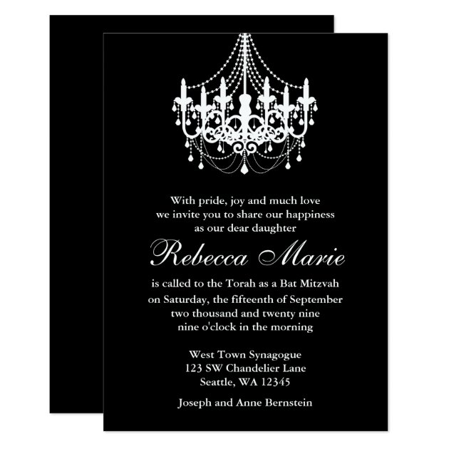 Elegant Black And White Chandelier Bat Mitzvah Invitation