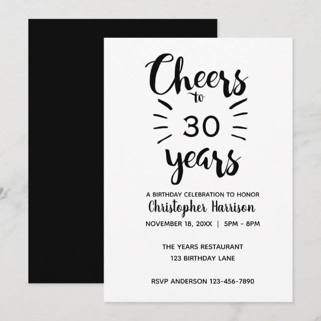 Elegant Black and White Cheers to 30 Years Invitation (Front/Back)